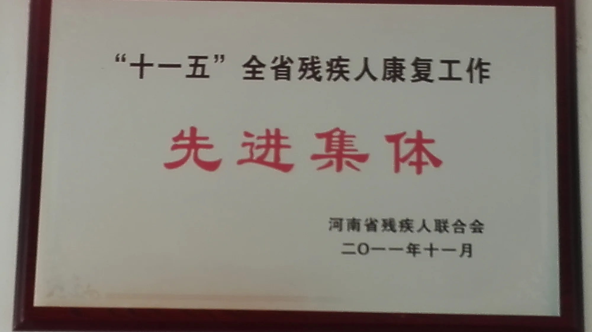 「十一五」全省残疾人康复工作先进集体牌匾